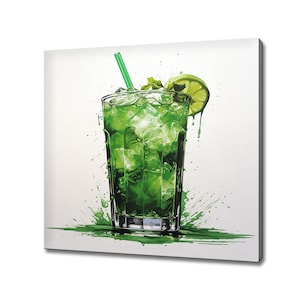 Alcoholic Drink Glass Of Mohito Mint Lime Watercolour Green Canvas Print, Kitchen Modern Art, Home Restaurant Bar Decor Picture Wall Hanging