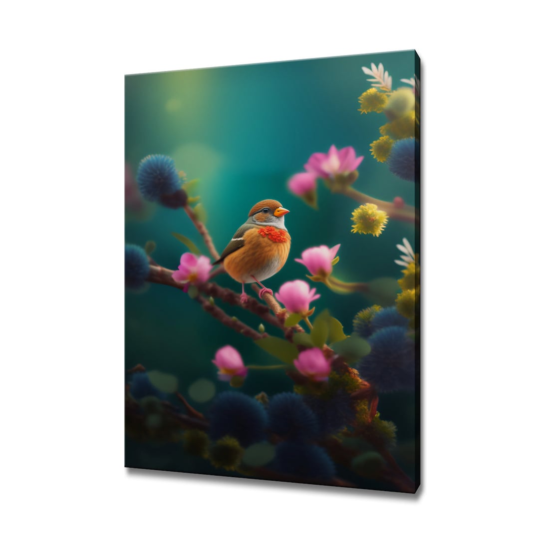 Beautiful Bird Sitting on Blooming Tree Pink Flowers Modern Design Home ...