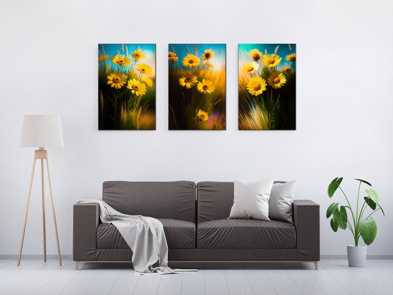 Yellow Summer Daisy Flowers Set of 3 Panels Modern Floral Canvas Print ...