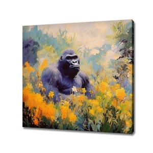 Gorilla In Flowers Field Canvas Print, Gift For Gorilla Lover, Colourful Gorilla Portrait Painting Print, Gorilla Wall Art