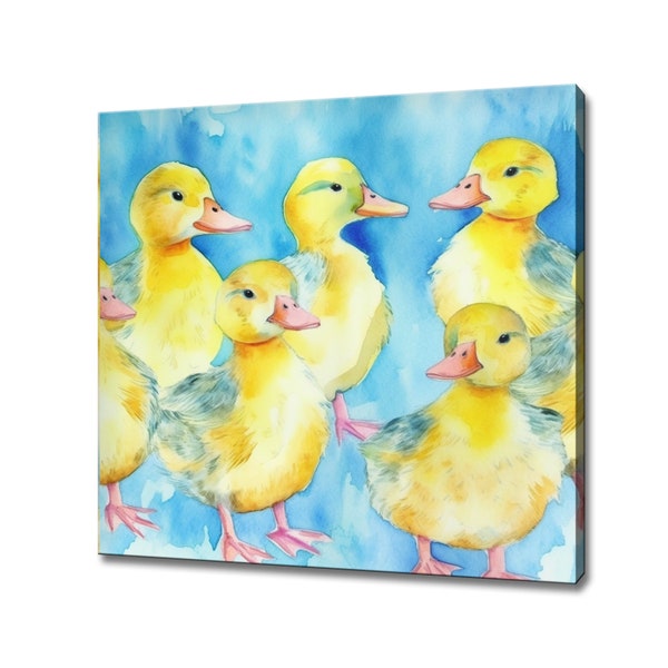 Blue Yellow Ducks Print, Cute Yellow Ducklings, Watercolour Painting Style Art, Modern Design Home Decor Canvas Print, Kids Nursery Wall Art