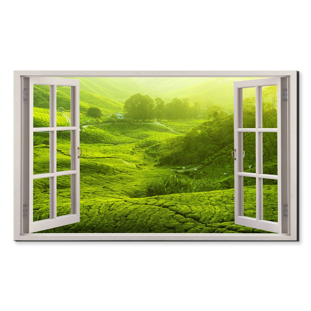 Beautiful Tea Plantation Green Fields Window View, Window Frame Style ...