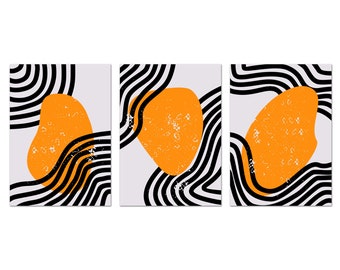 Abstract Wall Prints, Abstract Geometric Pattern Art, Mustard Yellow Black Set Of 3 Panels Prints Modern Canvas Print Wall Art Home Decor
