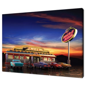 Retro American Diner At Sunset Modern Design Home Decor Canvas Print Wall Art Picture Wall Hanging