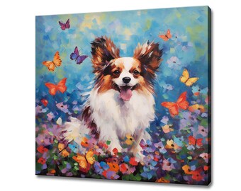 May include: A square canvas art print featuring a happy dog with brown and white fur, surrounded by colorful butterflies and flowers. The background is a vibrant blue with brushstroke textures.