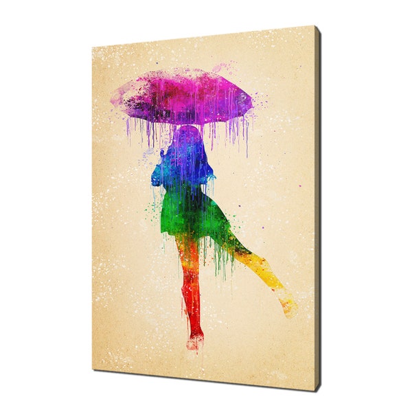 Ragazza con ombrello arcobaleno colorato acquerello design moderno home decor tela stampa parete arte immagine
