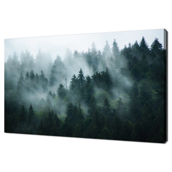 Dark Green Misty Foggy Landscape With Fir Forest Nature Modern Design  Canvas Print Wall Art Picture -  Canada