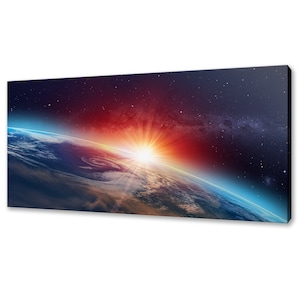 May include: A panoramic view of Earth from space, with a bright red and orange sunrise over the horizon. The Milky Way galaxy is visible in the background, with a scattering of stars.