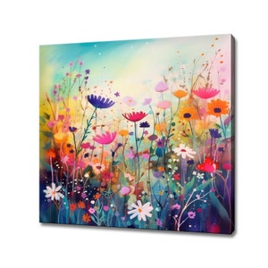 Impression sur toile de style peinture abstraite aquarelle abstraite prairie colorée aux couleurs vives, décoration d'intérieur design floral moderne, art mural fleurs