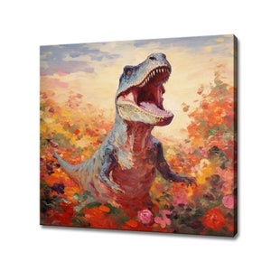 Angry Tyrannosaurus Rex In Flowers Field Animal Canvas Print, Gift For T-Rex Dinosaur  Lover, Dinosaur Portrait Painting Print Wall Art