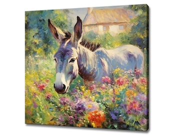 Cute Donkey In Flowers Canvas Print, Gift For Donkey Lover, Colourful Donkey Portrait Painting Print, Donkey Wall Art