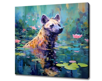 Hyena In The Water Pond Canvas Print, Gift For Hyena Lover, Colourful Hyena Portrait Painting Print, Hyena Wall Art