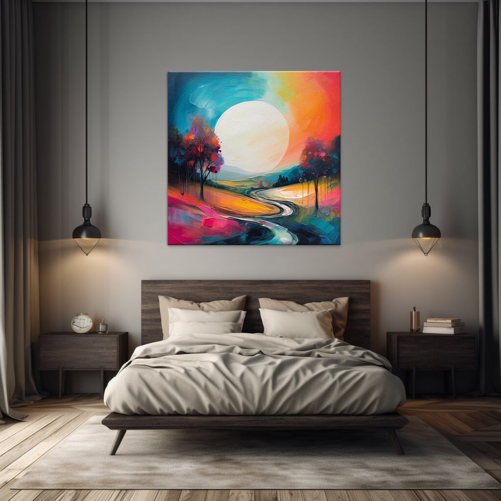 Colourful Abstract Moon Above the Country Road Landscape Painting Style ...