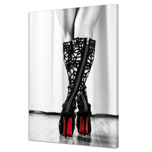 Sexy Woman In Black And Red Ornate High Heels Boots Modern Design Home Decor Canvas Print Wall Art Picture