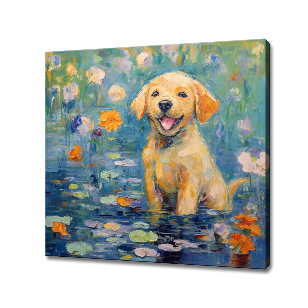 Labrador Welpe Hund im Teich, Tier Leinwand Druck, Geschenk für