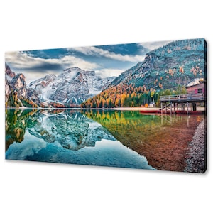 Boat Hut On Braies Lake Italy Dolomites Landscape Modern Design Home Decor Canvas Print Wall Art Picture