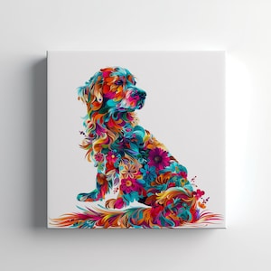 Impression sur toile florale colorée de chien Golden Retriever, cadeau pour les amoureux des chiens, impression portrait de chien coloré vibrant, art mural chien unique pour animal de compagnie