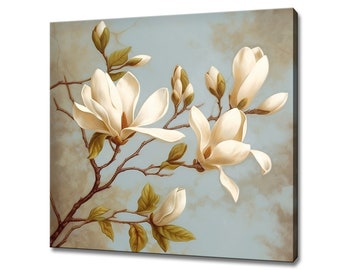 Mooie witte magnolia bloemen boomtak schilderij stijl canvas print, modern bloemdessin interieur, kunst aan de muur foto muur hangen