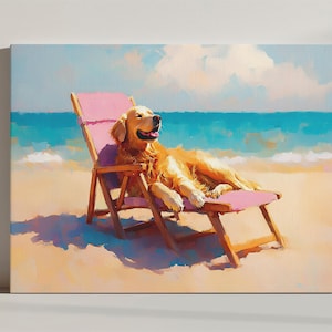 Golden Retriever Pies Na Krześle Plażowym Wydruk Na Płótnie, Uroczy Dziwaczny Kapryśny Dzieło Sztuki, Prezent Dla Miłośnika Psów, Retro Koktajl Sztuka Bar Cart Decor