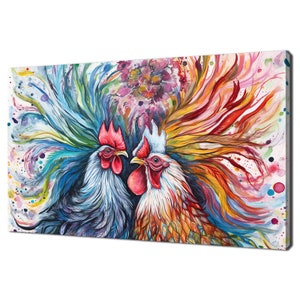 Bunte Henne und Hahn Huhn Vogel, Modernes Design Wohnkultur, Aquarell Malerei Stil Leinwand Wandkunst bereit zum Aufhängen