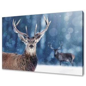 Beautiful Red Deer Stag Animal In Blue Snowy Forest Modern Design Home Decor Canvas Print Wall Art Picture