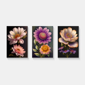 Beautiful Pastel Colourful Flowers Set Of 3 Panels Modern Floral Canvas Print Wall Art Home Decor Picture