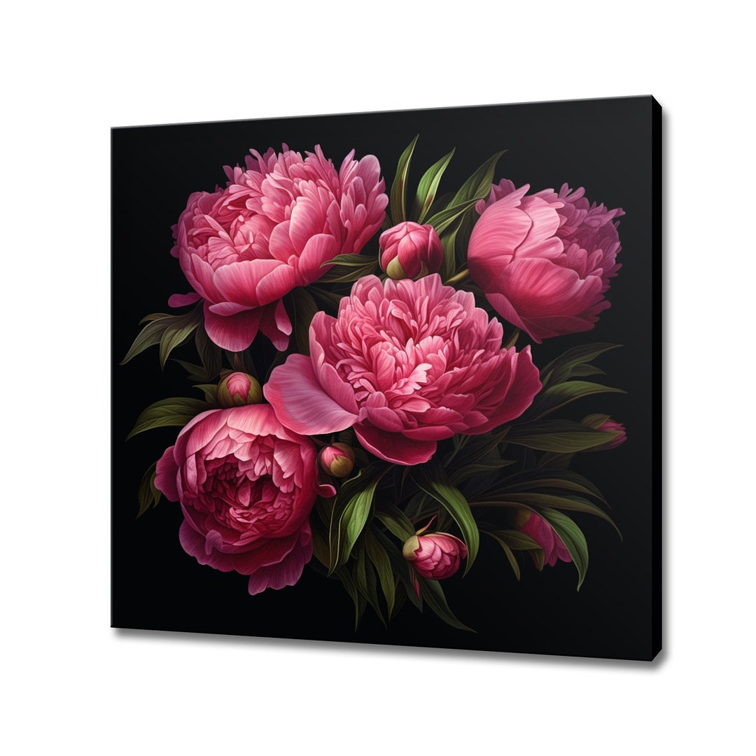 Bouquet of Dark Pink Peony Flowers, Vintage Style Canvas Print Wall Art ...
