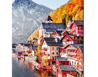 Herfst Hallstatter Sea Lake Village In Oostenrijk Modern Decor Design Doek Wall Art Foto
