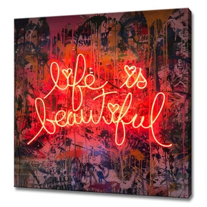 Life Is Beautiful Picture Of Neon Sign Inspirational Modern Design Decor Canvas Print Wall Art
