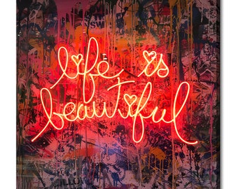 Life Is Beautiful Picture Of Neon Sign Inspirational Modern Design Decor Canvas Print Wall Art