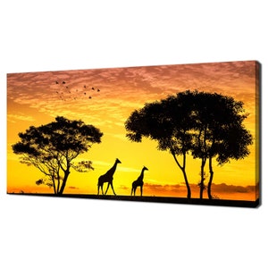 Giraffes African Sunset Yellow Orange Canvas Wall Art Picture Print Wall Hanging Home Decor Handmade Ready To Hang