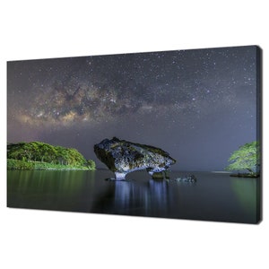 May include: A large, dark gray rock formation with a unique shape, resembling a frog, sits in the middle of a calm body of water. The sky is a deep blue with a bright, white Milky Way galaxy visible. The scene is illuminated by the light of the stars.