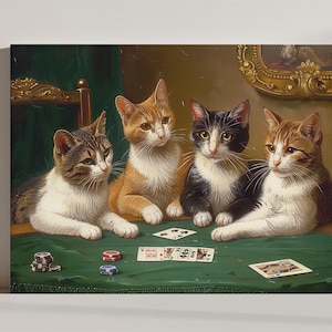 Koty Grające Karty Poker Płótno Wydruk, Zabawne Koty Sztuka Wydruku, Prezent Dla Miłośnika Kotów, Zwierzę Domowe Retro Kot Ścienna Sztuka, Fantazyjny Dekoracja Ścienna