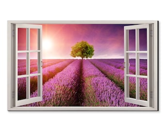 Green Tree On Lavender Field Window View, Window Frame Style Modern Design Home Decor Canvas Print Wall Art Picture Ready To Hang
