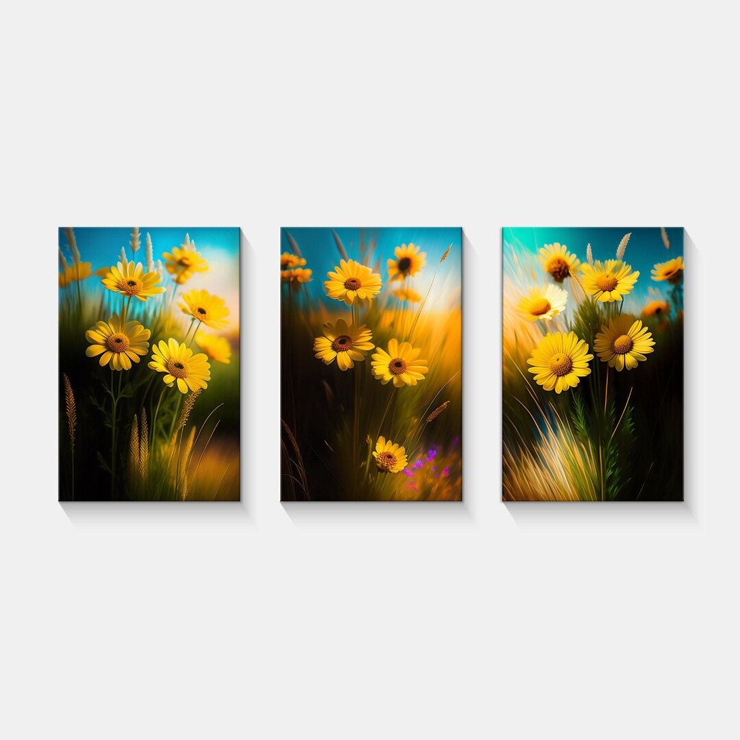 Yellow Summer Daisy Flowers Set of 3 Panels Modern Floral Canvas Print ...