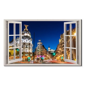 Gran Via In Madrid Spain Window View, Window Frame Style Modern Design Home Decor Canvas Print Wall Art Picture Ready To Hang