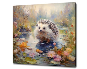 Cute Hedgehog By The River Canvas Print, Colourful Hedgehog Portrait Painting Print, Gift For Hedgehog Lover, Hedgehog Pet Kids Room Art