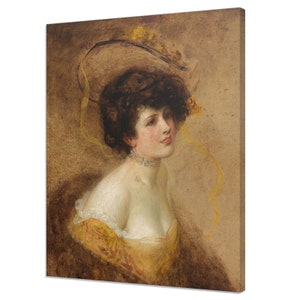 Reproducción de Dama con sombrero y vestido amarillo de Eduard Veith, impresión en lienzo de pintura antigua, retrato femenino antiguo, impresión de bellas artes