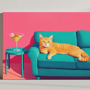 Ginger Cat With Martini Canvas Print Art, Uroczy, Dziwaczny, Fantastyczny Wydruk Sztuki, Prezent Dla Miłośnika Kotów, Retro Koktajlowa Sztuka Barowa Dekoracja Ścienna