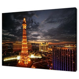 Las Vegas Night Bellagio Hotel, Eiffel Tower, Caesar's Palace, Mirage, Paris Hotel Modern Design Home Decor Canvas Print Wall Art Picture