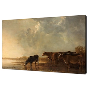 Paesaggio fluviale con mucche, stampa su tela di animali d&#39;epoca, stampa su tela di dipinti vittoriani d&#39;epoca, belle arti antiche, stampa di mucche d&#39;epoca