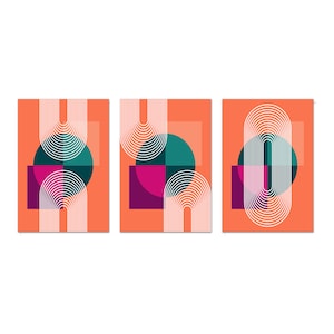 Orange Pink Abstract Art Prints, Abstract Geometric Shapes Art, Set Of 3 Prints Modern Canvas Print Wall Art Home Decor