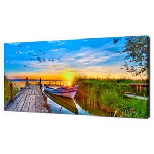 Beautiful Sunset Over The Lake Boat Modern Design Home Decor Canvas Print Wall Art Picture