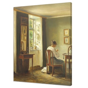 Interior With Woman Sewing By The Window Carl Holsoe Reproduction, Vintage Painting Canvas Print Wall Art, Antique Female Portrait
