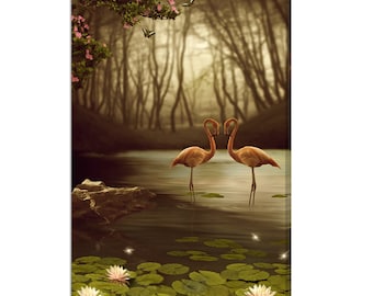 Beautiful Flamingos And Lake With Lilies Flowers Modern Design Home Decor Canvas Print Wall Art Picture Ready To Hang