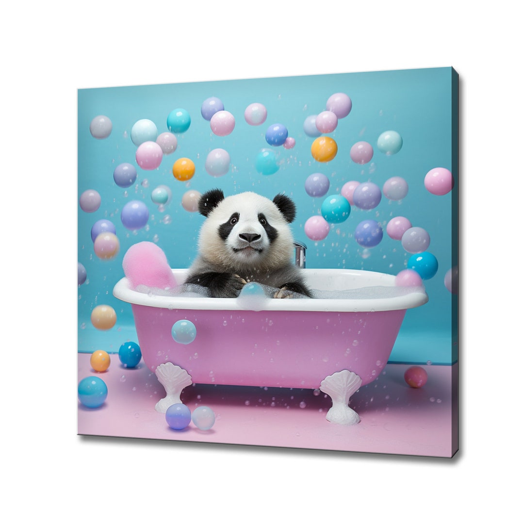 Cute Panda Bear in the Bath Tub, Pastel Coloured Animal Art, Canvas ...