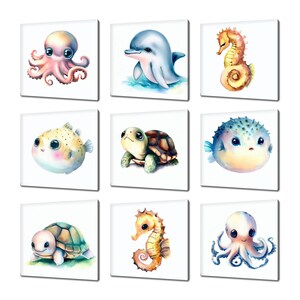 Collection Of Cute Sea Creatures Animals Canvas Wall Art, Many Designs Kids Nursery Room Art, Seahorse, Fish, Turtle Canvas Print Wall Art