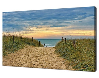 Sunset Over Sand Dunes Beach Crossing Grass Stunning Seascape Modern Design Canvas Print Wall Art Picture Ready To Hang