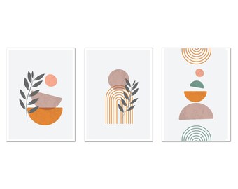 Abstract Boho Art, Neutral Geometric Botanical, Set Of 3 Panels Prints, Abstract Shapes Orange Beige Green Canvas Print Wall Art Picture