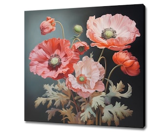 Rot rosa Mohnblumen Blumenstrauß Leinwand Druck Wandkunst, modernes Blumenmuster Wohnkultur, botanische Blumen Vintage Kunst, Geschenk für Blumenliebhaber